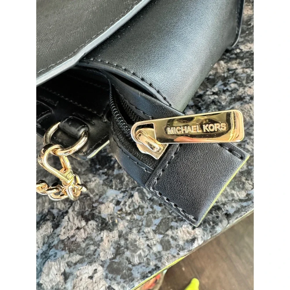 Michael Kors Black Saffiano Leather Satchel Crossbody‎ Bag Gold Hardware MK Logo